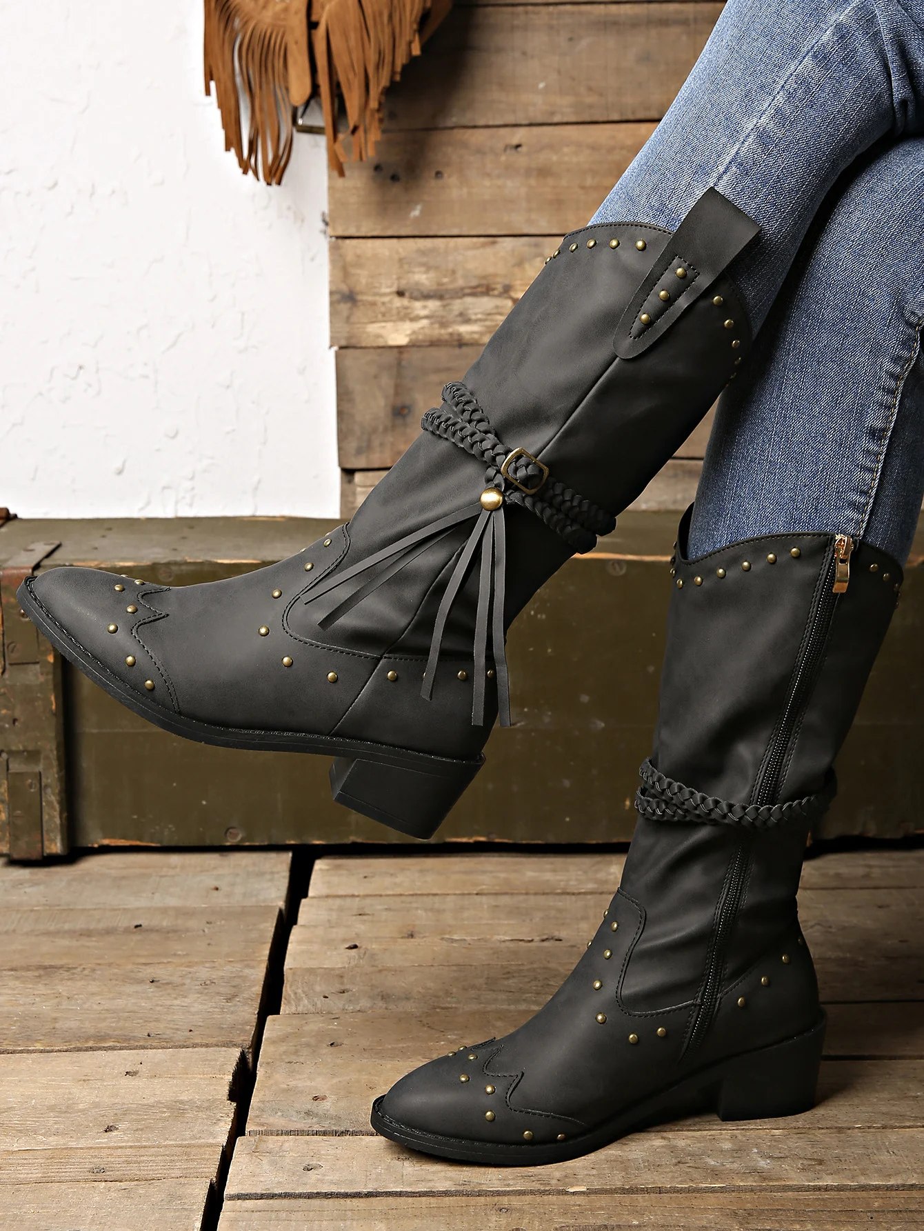 Title 6, Retro Tassel Boots for Women with Braided Rope ...