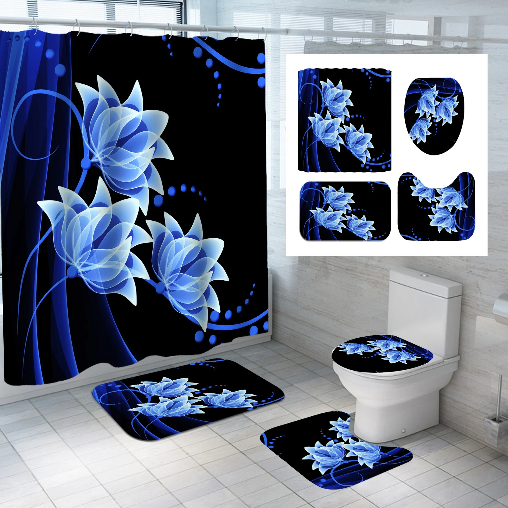 Cortina de chuveiro Lotus Series, vendas diretas de fábrica, múltiplas estampas florais, poliéster impresso, amostras personalizadas. — foto 2