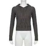 Suéter cinza com capuz feminino curto cardigã de cor sólida com zíper — foto 8