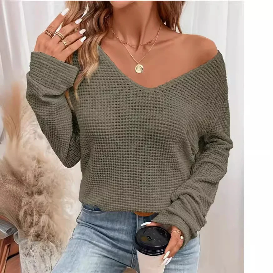 Women's V-neck solid color fashion knitted blouse. Comfortable and stylish top, perfect for everyday wear or special occ — photo 12