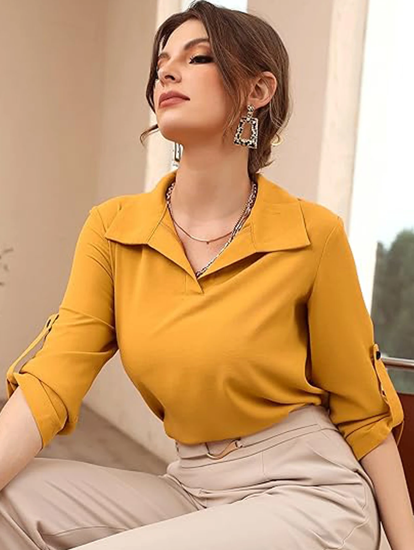 Title 2, Polo Collar Casual Loose Three-quarter Sleeve Top