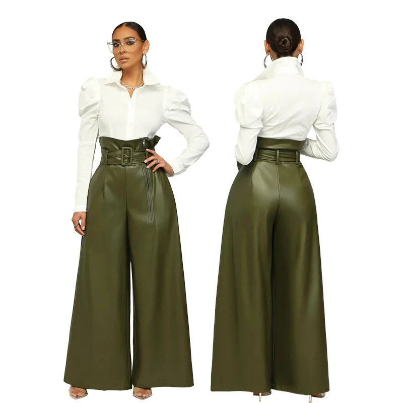 Title 8, High Waist PU Leather Pants Metal Belt Wide Leg...