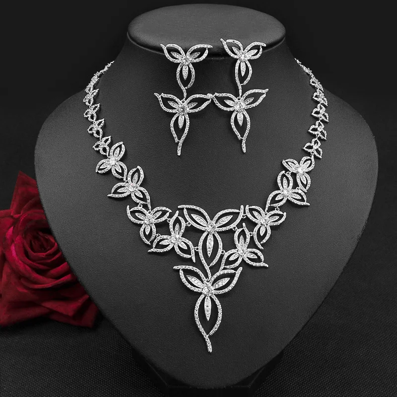 Colar e brincos flor de zircônia para casamento feminino, acessórios de noiva, joias elegantes e brilhantes, perfeito para o seu dia especial. — foto 14