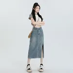 Saia jeans de seda laranja com fenda para mulheres no verão. Cintura alta. Perfeita para um visual sexy e estiloso no calor. — foto 3