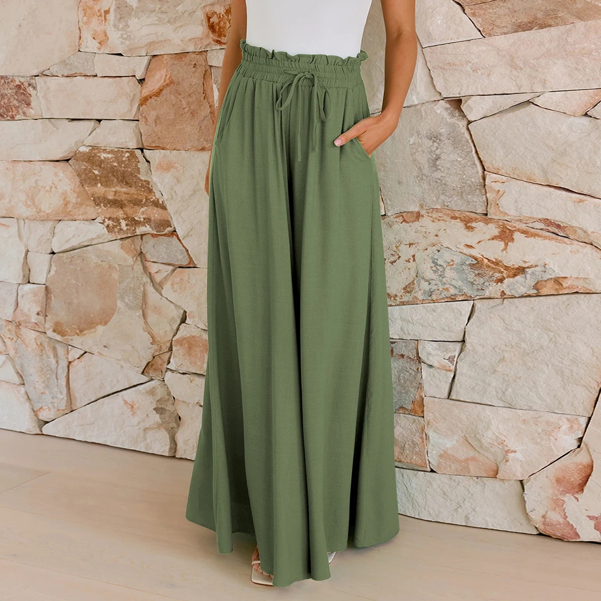 Calças Femininas Largas de Verão, Soltas e Casuais, com Caimento Drapeado, Perfeitas para um Look Fresco e Confortável no Verão. — foto 6