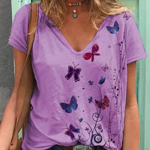 Title 3, Dandelion Butterfly Print V-neck T-shirt With S...