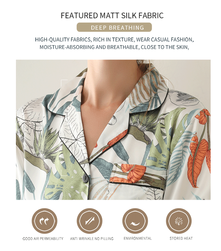 Title 1, Leaf print summer short-sleeved silk pajamas wi...