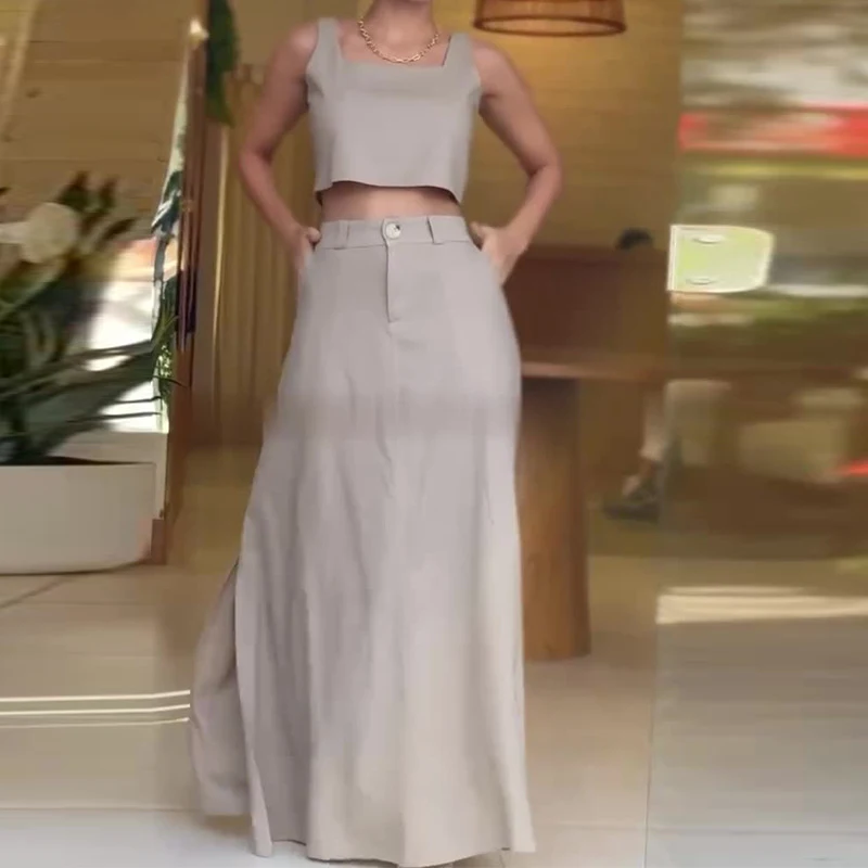 Women's Square-Neck Sleeveless Sling High Waist Skirt Casual Suit. Comfortable and stylish outfit perfect for everyday w — photo 3