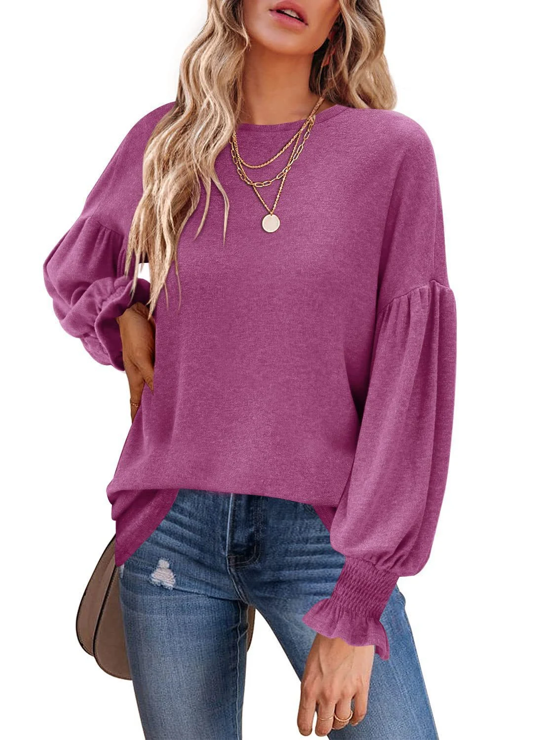 Title 5, Womens Top Round Neck Pleated Lantern Sleeve –...