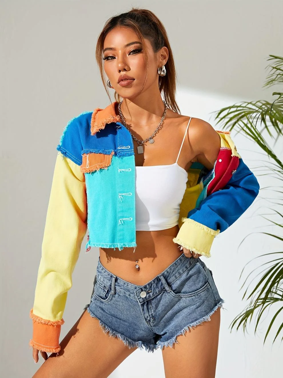 Personalized American Style Colorful Street Denim Short Top For Women, a vibrant and comfortable top, perfect for a casu — photo 3