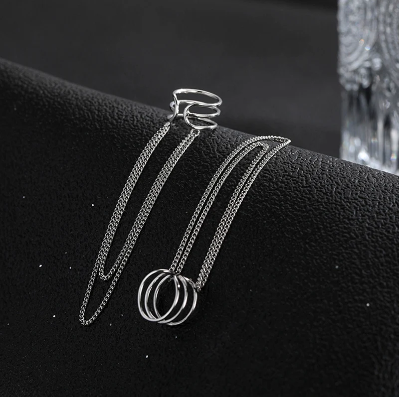 Brinco clip longo sem furo, com camadas duplas de tassel e corrente, design elegante para um visual sofisticado. — foto 7