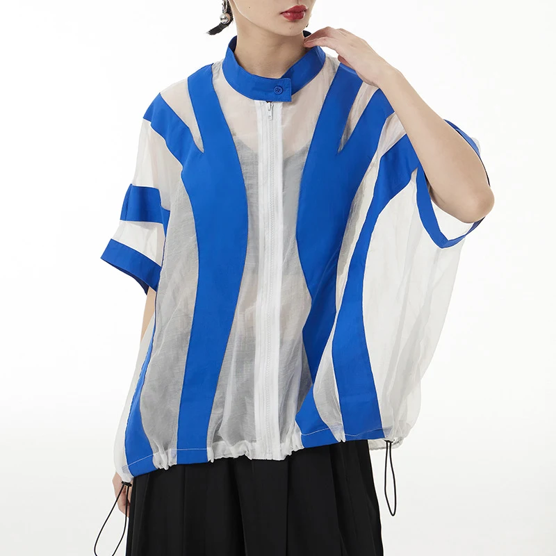 Retro Hong Kong Style Color Contrast Patchwork Stand Collar Shirt Loose Fashion Personality Western Temperament Zipper C — photo 5