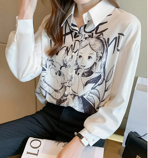 Title 5, Camisa feminina estampada estilo Hong Kong com ...