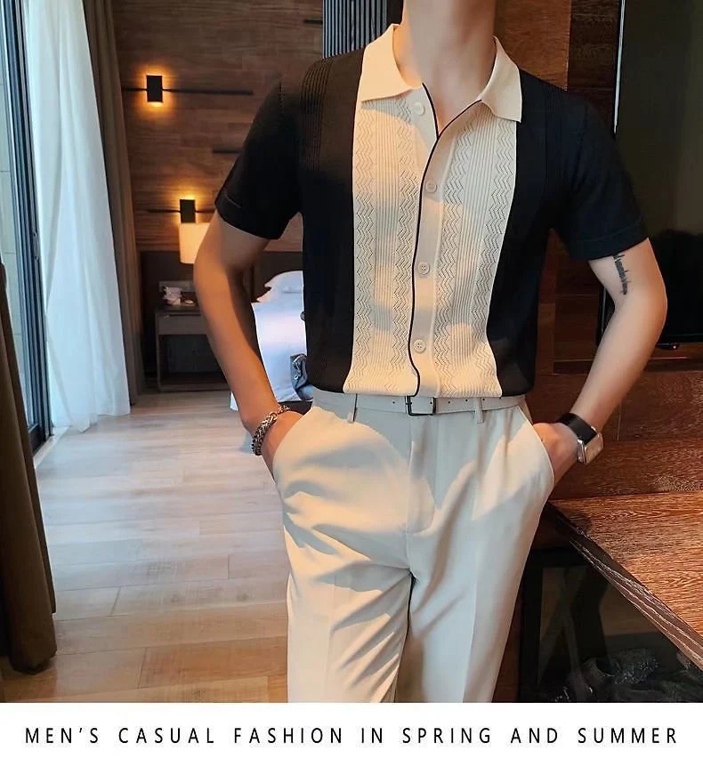 Title 3, Camiseta masculina manga curta malha gola lapel...