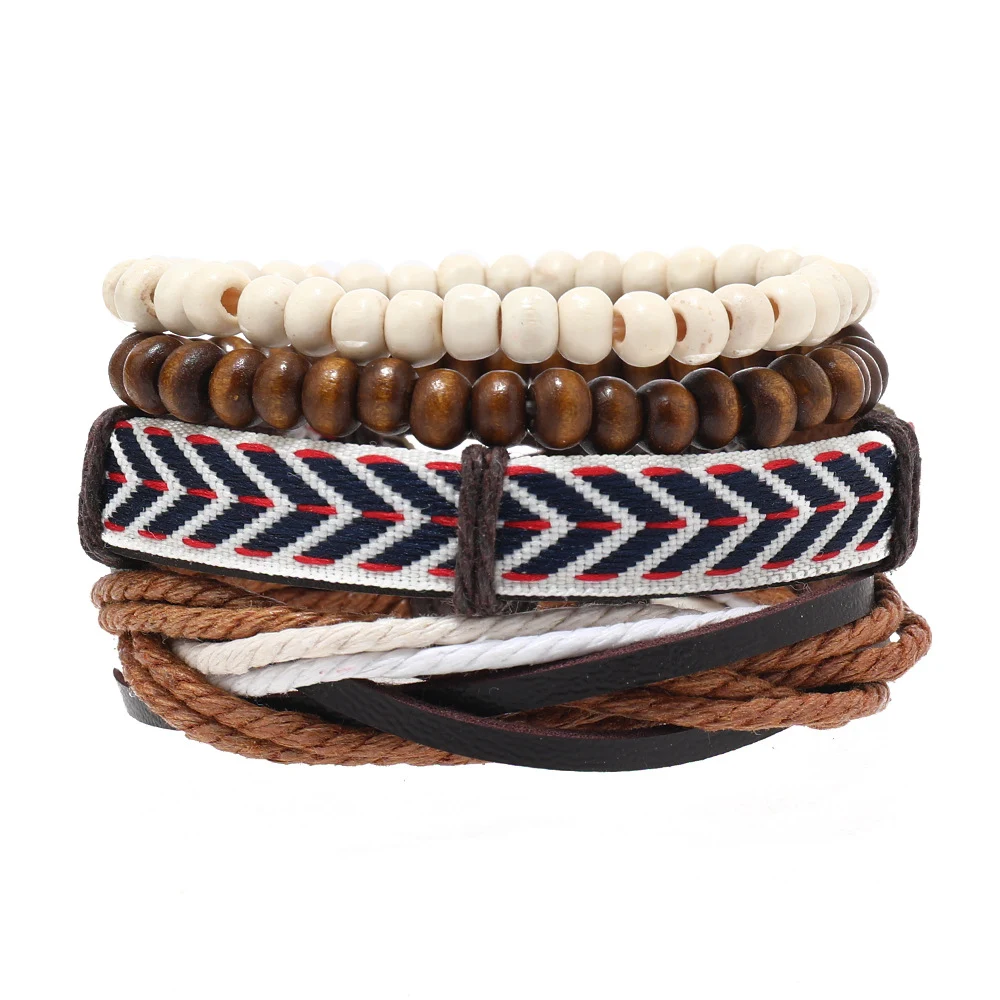 Pulseira retrô masculina de contas de madeira, couro e corda trançada. Um acessório estiloso com miçangas para homens. — foto 5