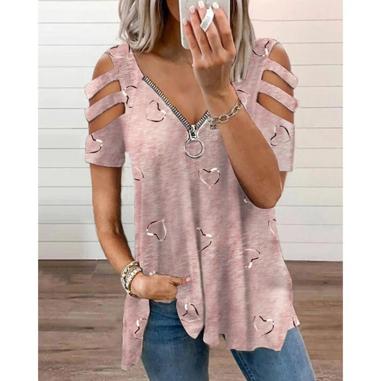 V-neck Zipper Printing Short-sleeved Loose Casual T-shirt Women's Top — photo 5