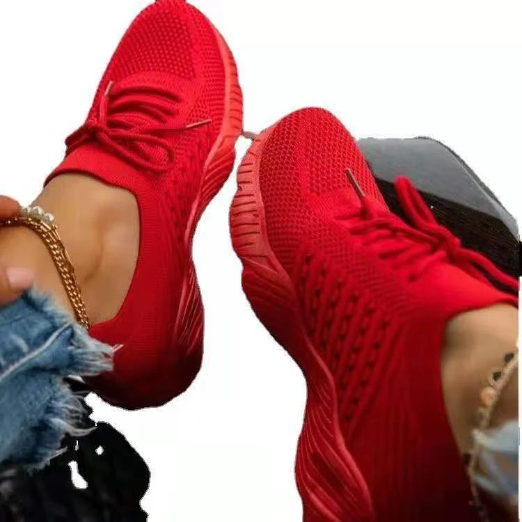 Sportliche Damen Plateau Sneaker Einfarbig Schnürung Leichtes Fly Woven Material Freizeitschuhe — foto 3