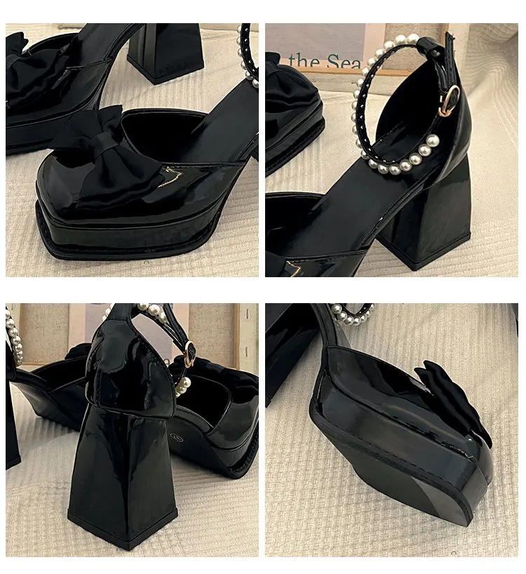 Title 13, Womens New High Chunky Heel Pearl Bow Mary Jan...