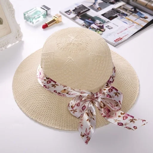 Title 5, Dome Large Brim Monochrome Bow Straw Hat
