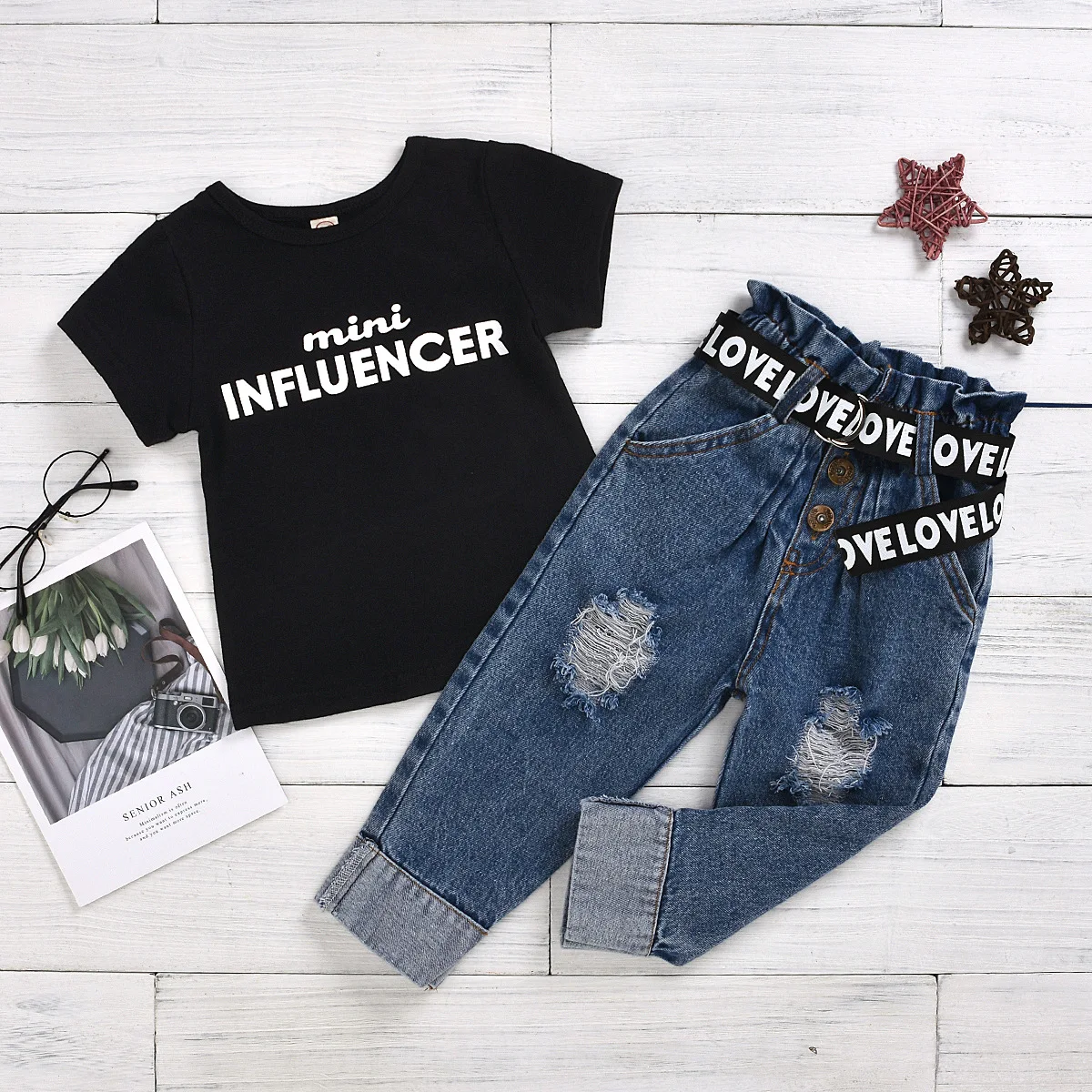 Title 3, New Black Letter Print T-Shirt, Button Ripped D...