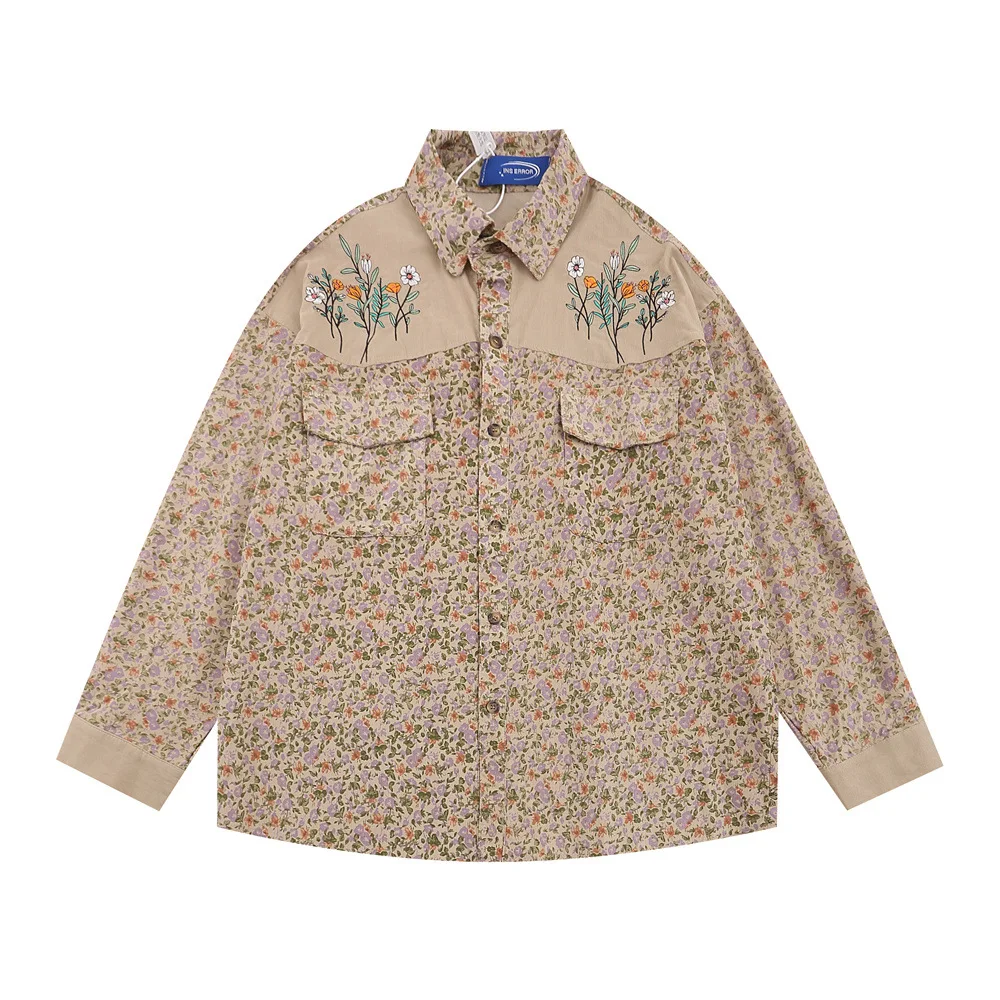 Floral Shirt Men's Loose Casual Long Sleeves Cardigan Stitching Embroidered Lapel Coat — photo 1