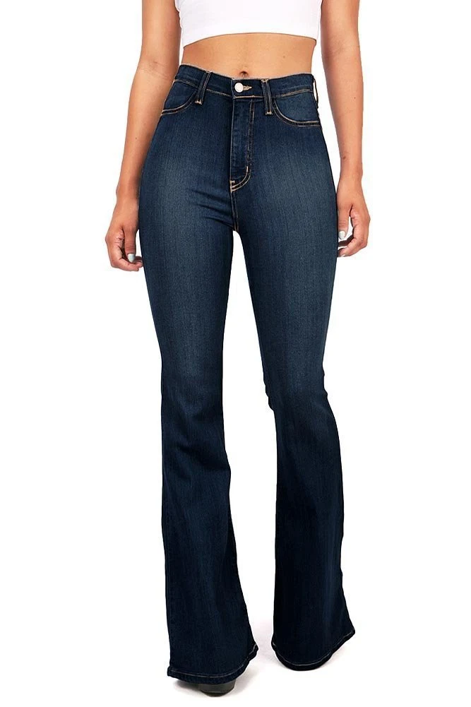 Ženske jesenje zimske skinny farmerke sa zvono nogavicama, visok struk, slim fit, elastične, ulični stil, duge pantalone za vežbanje, kapri. — foto 2