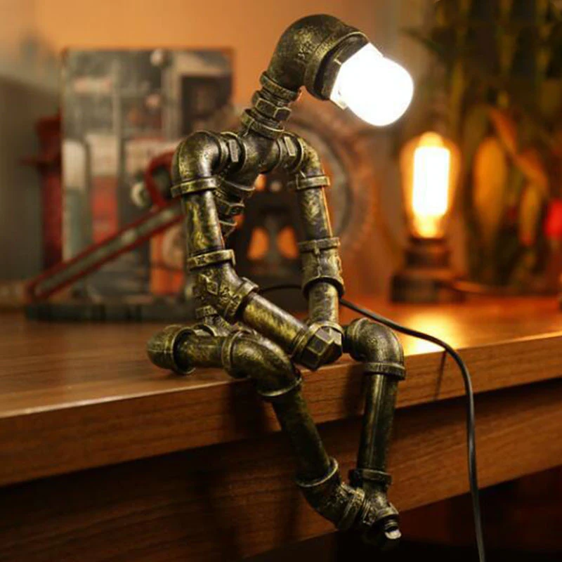 Title 2, Vintage Loft Iron Pipe Robot Table Lamp Industr...