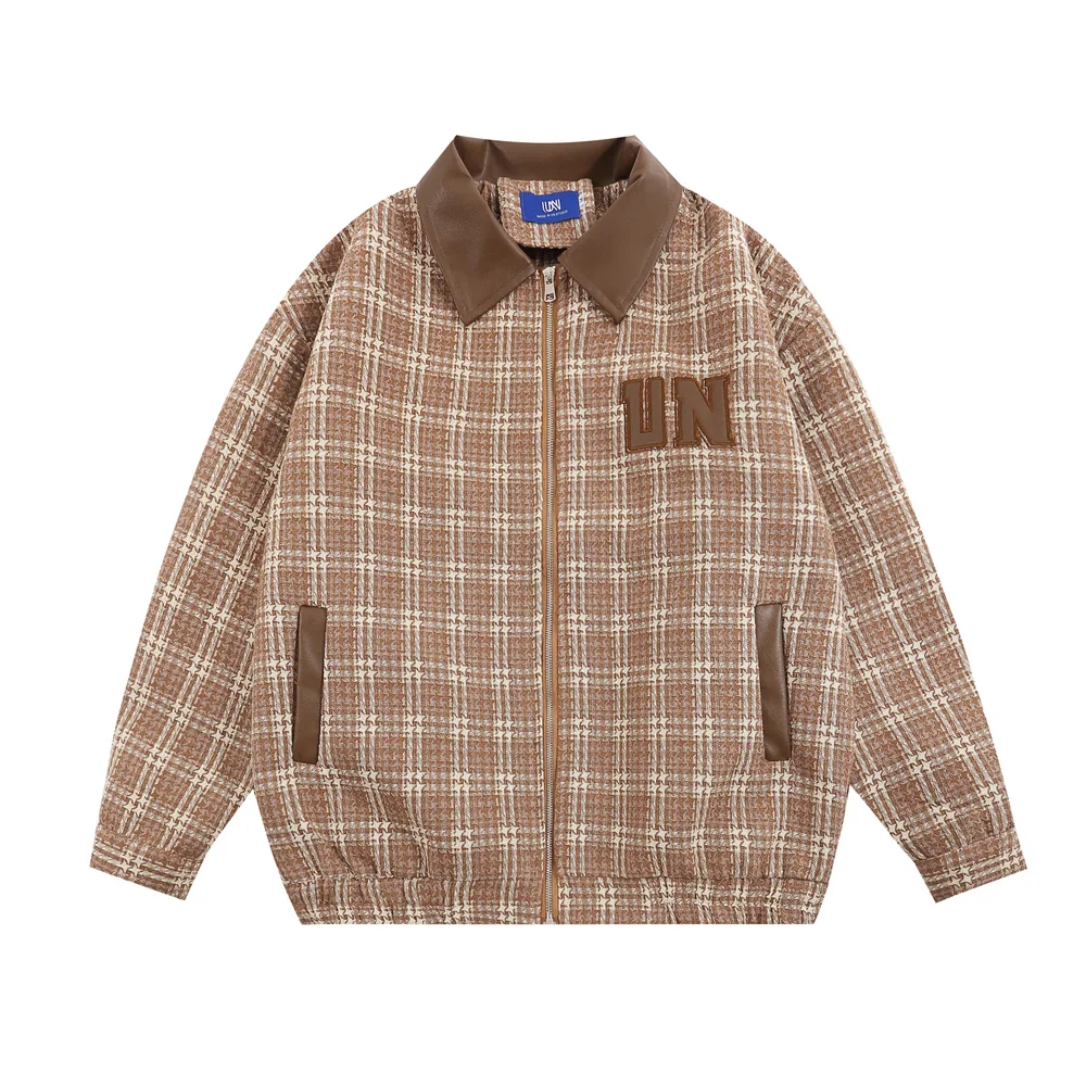 Jaqueta americana xadrez masculina, uniformes de beisebol, gola lapela de couro PU, design moderno e elegante para um visual estiloso. — foto 13