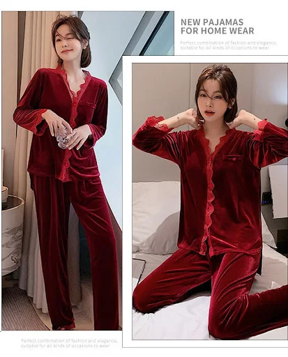 Title 2, Gold Velvet Pajamas Womens Long-sleeved Homewe...