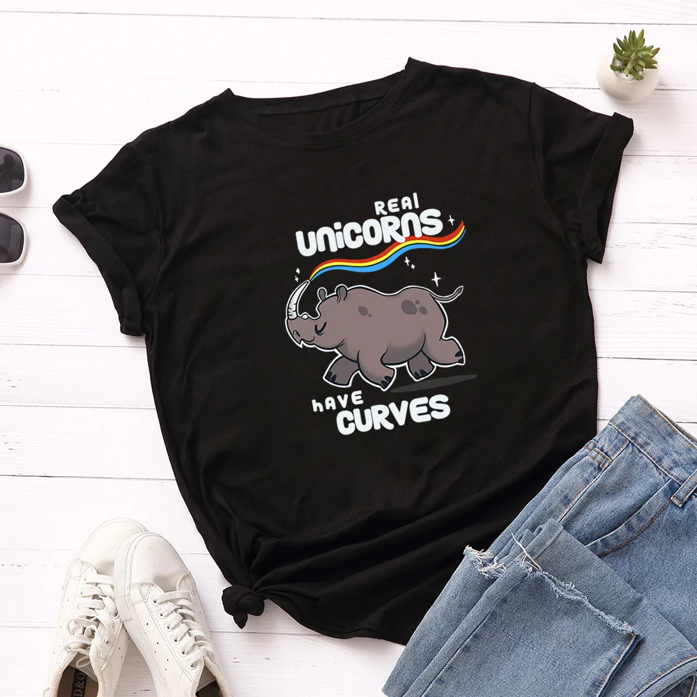 T-shirt da donna a maniche corte con stampa rinoceronte arcobaleno e girocollo — foto 17