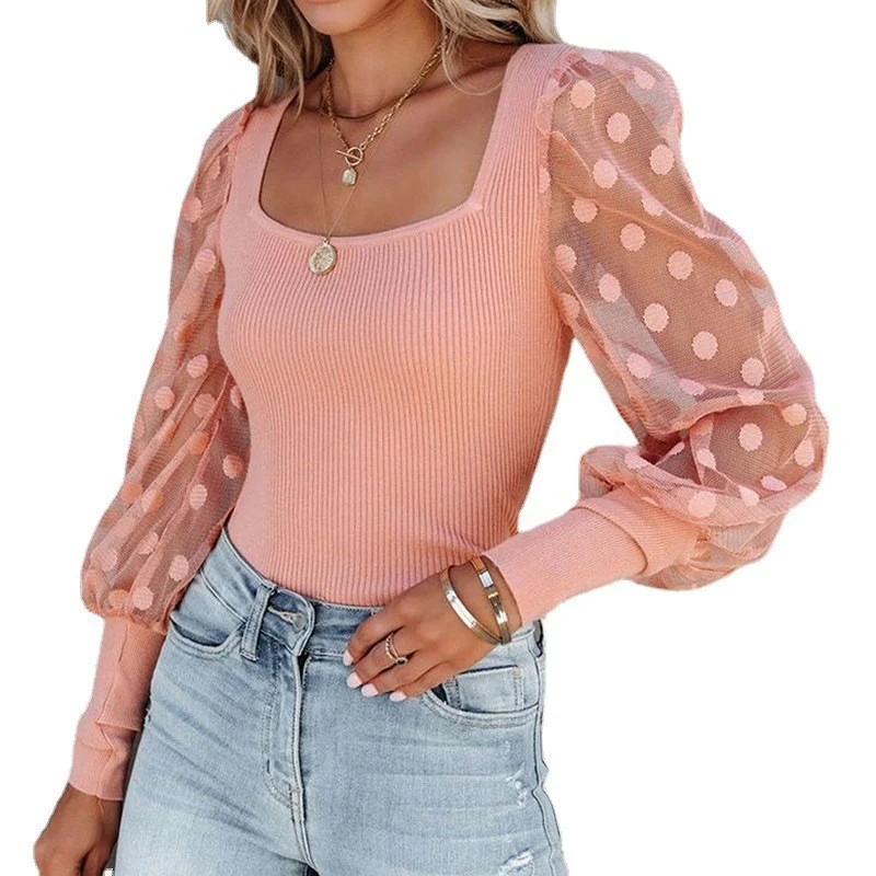 Title 9, Casual Square Neck Mesh Polka Dot Stitching Pit...