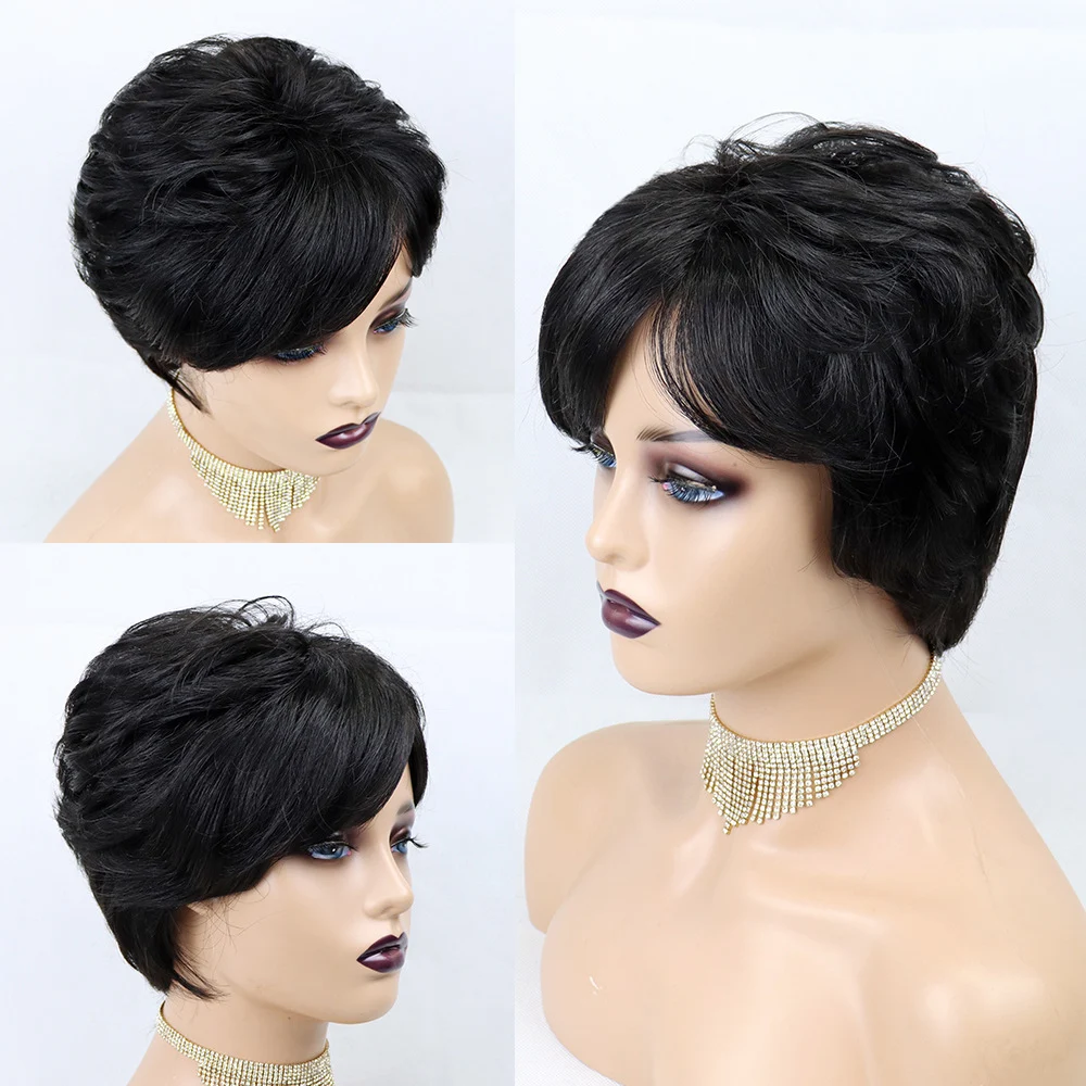 Peruca pixie curta e ondulada de cabelo humano, feita à máquina. Look natural, fácil de usar, confortável e perfeita para um visual moderno. — foto 8