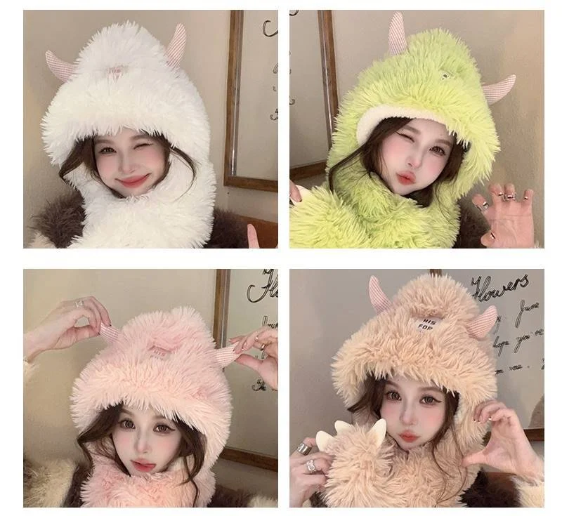 Title 4, Cartoon Integrated Hat and Scarf, Versatile Plu...