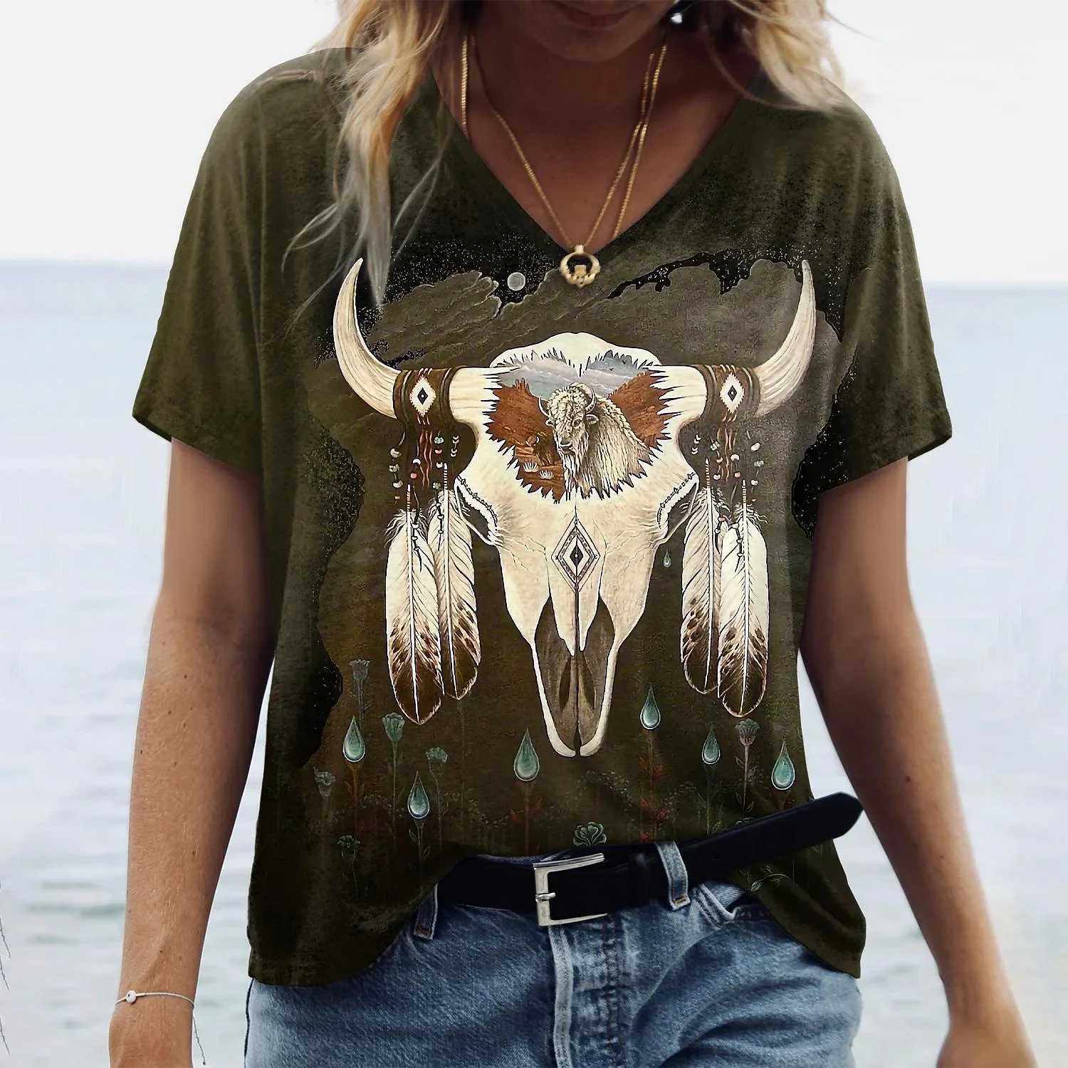 Women's Geometric Printed Short-sleeved Casual V-neck T-shirt — photo 6