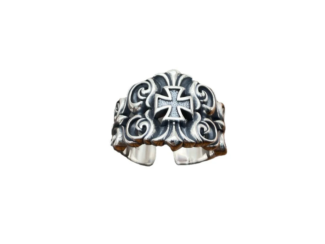 Anel grande de prata para homem, estilo street fashion com flor de rattan, personalidade marcante, design de boca aberta, acessório moderno. — foto 3