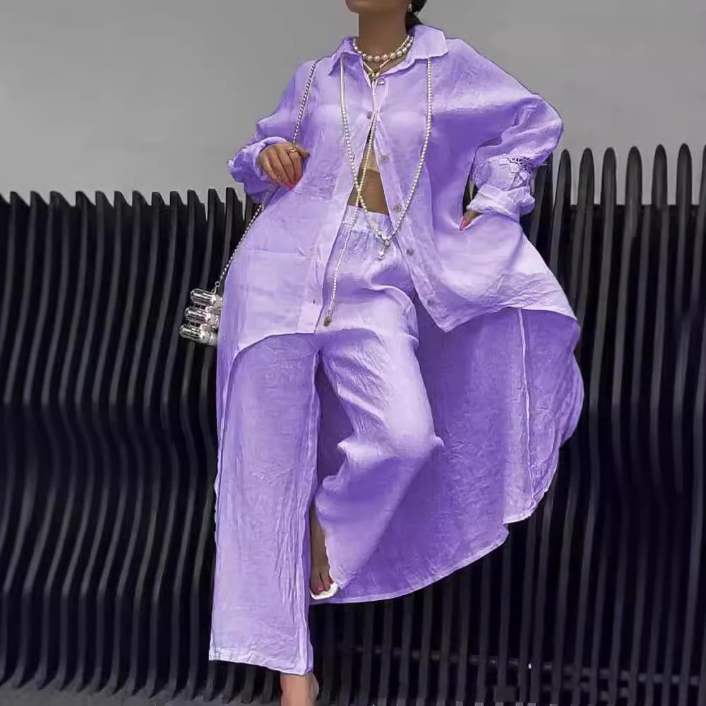 Title 7, Womens Cotton And Linen Shirt Wide Leg Pants Suit