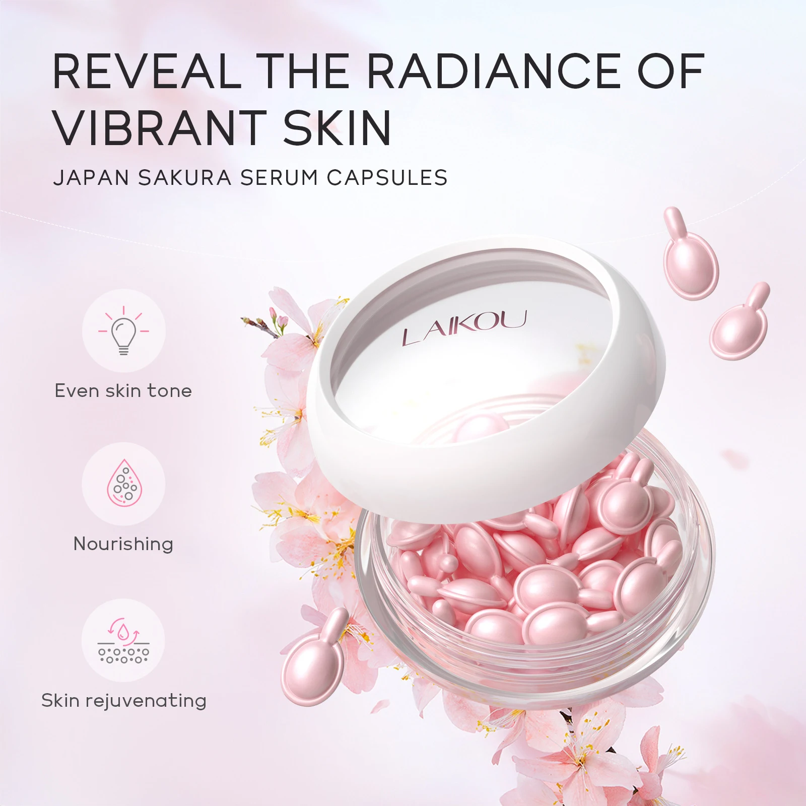 Laikou Sakura Capsule Hydratante Hydratation Intense Réduit les Rides et Éclaircit la Peau Capsules de Soin Visage Quotidien à l'Extrait de Fleur de Cerisier — photo 2