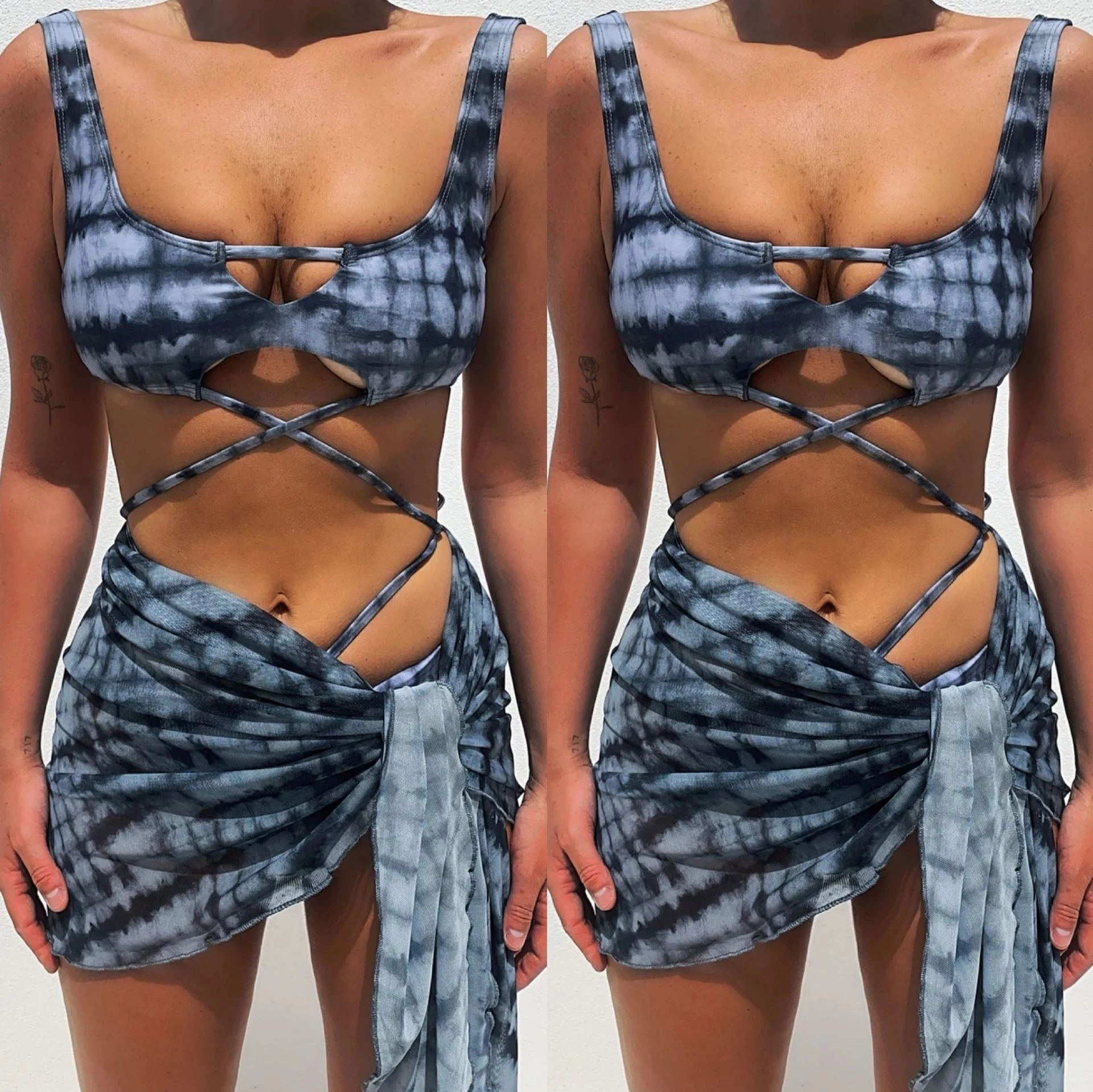 Bedrucktes Chiffon-Dreiteiliges Split-Bikini mit Kreuz-Bindung. Perfekt für Strand & Pool. Stilvoller Look, hoher Tragekomfort. — foto 7