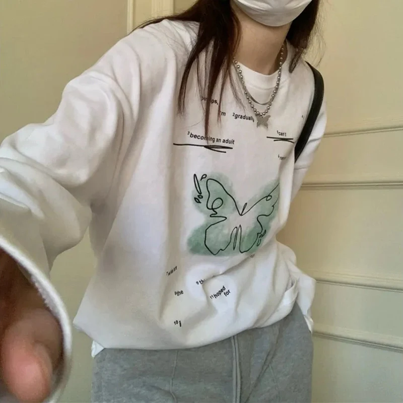 T-shirt a maniche lunghe con stampa a farfalla Camicia da donna con fondo interno girocollo ampio autunno e inverno — foto 8