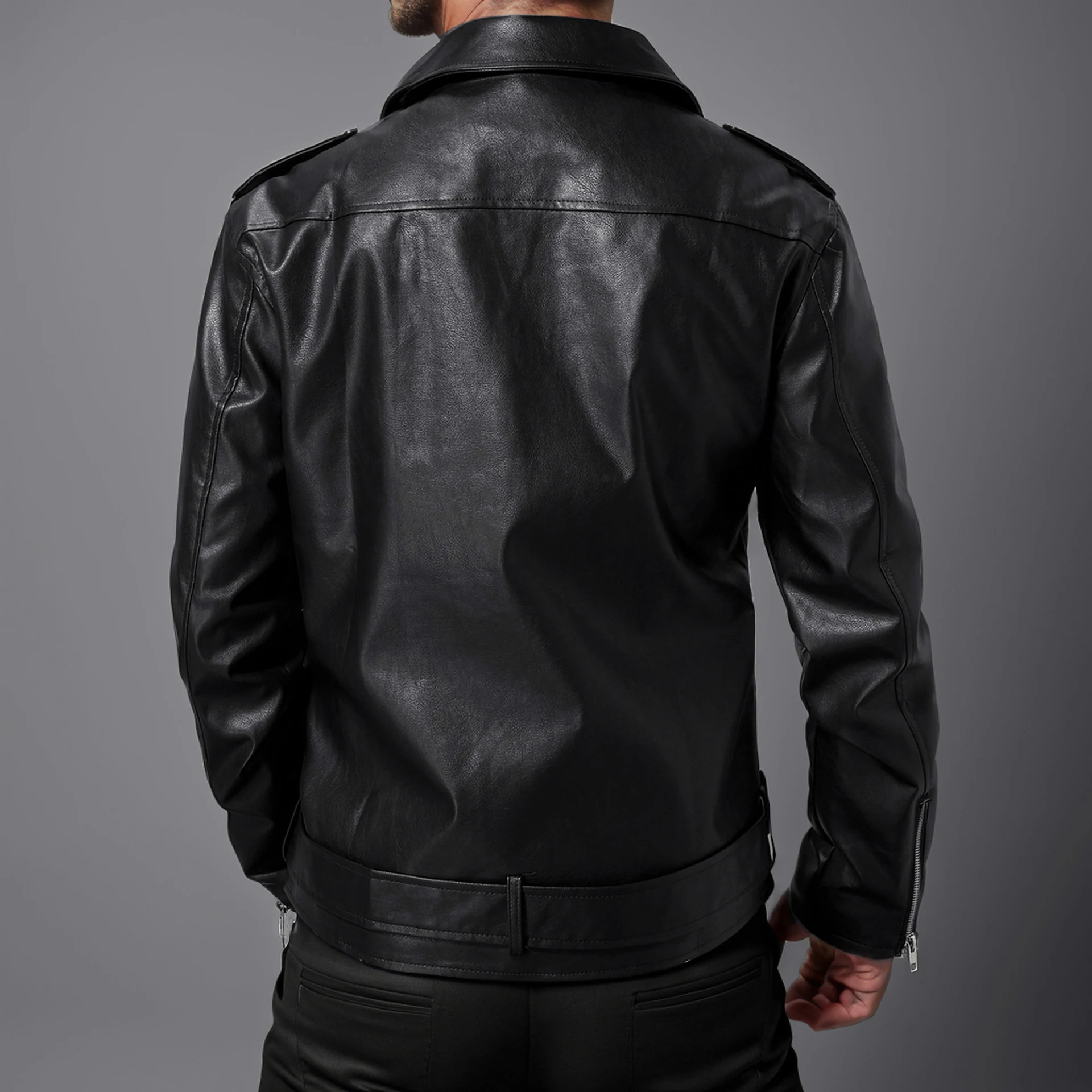 Title 16, Slim-fit lapel leather jacket. A stylish and mo...
