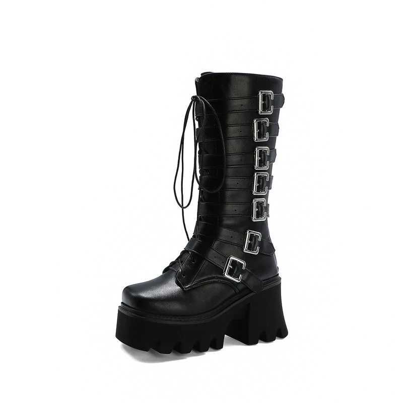 Women's Thick Heeled High Heeled Boots with Lace Up & Belt Buckle, providing both style and comfort for all day wear. — photo 5
