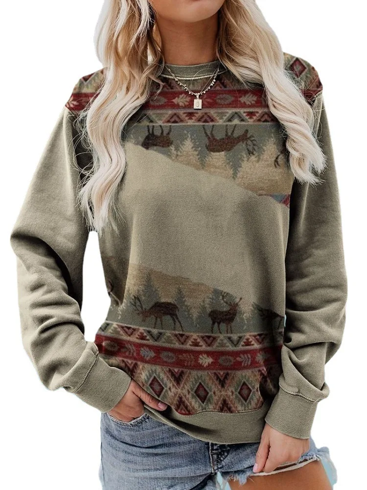 Maglietta a maniche lunghe con girocollo stampata per il tempo libero primavera-autunno, comfort e stile casual, perfetta per look giornalieri e attività rilassate. — foto 13