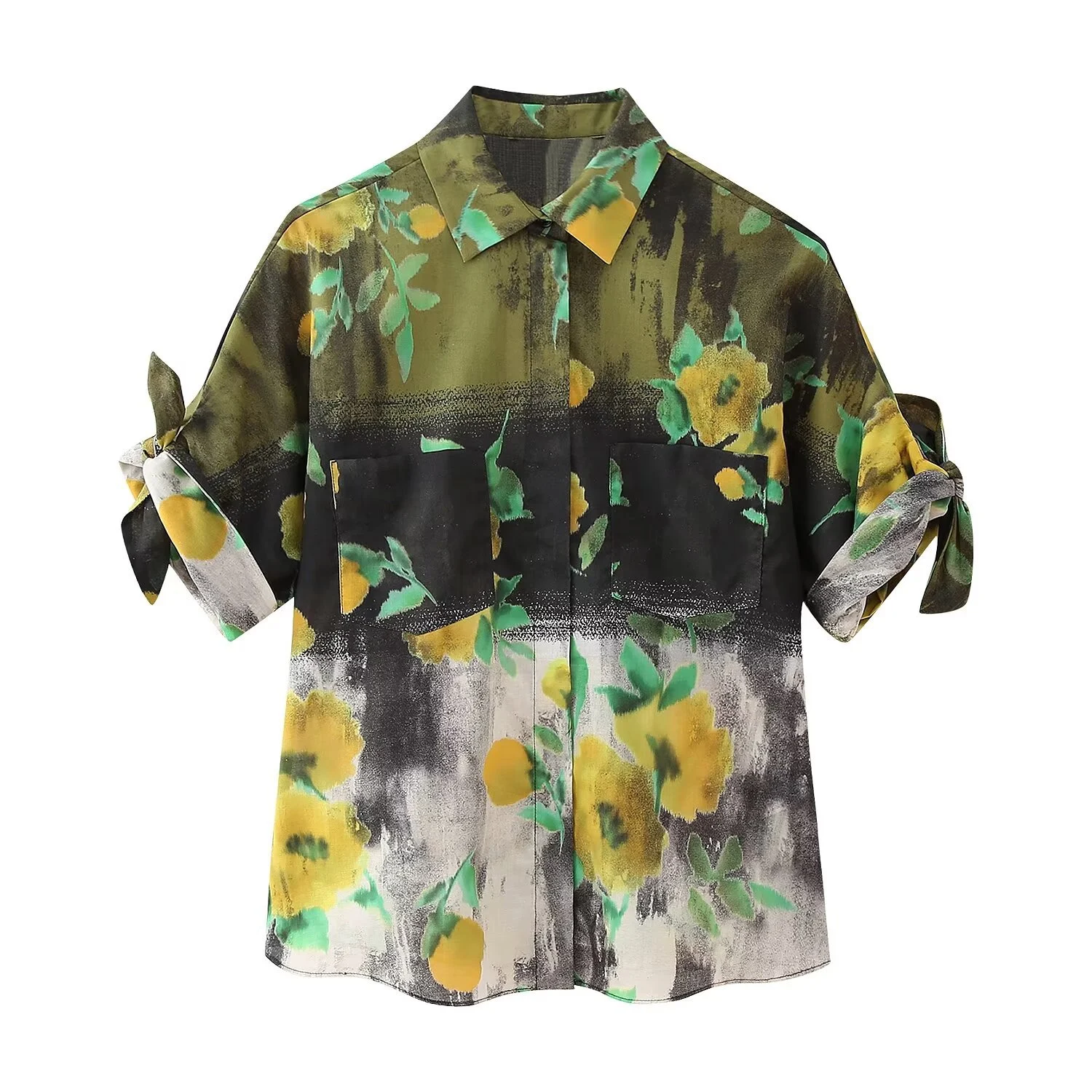 Gracieuze en modieuze korte mouwen bloemenhemd met revers en enkele knoopsluiting, ideaal voor een stijlvolle look. — foto 21