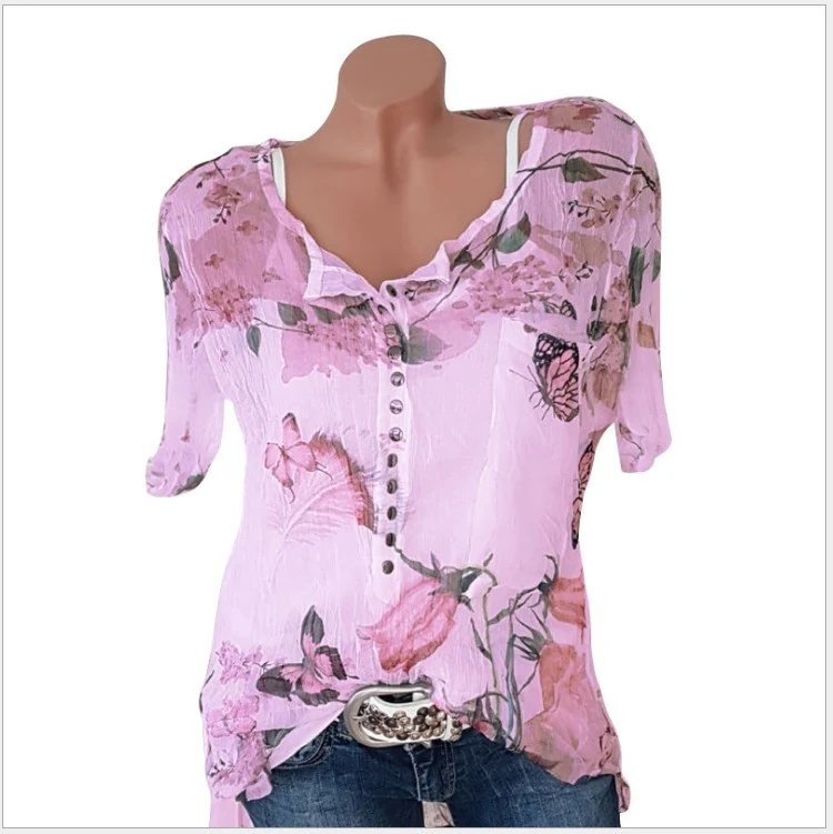 Title 3, Short Sleeve Printed Shirt Button Top Chiffon S...
