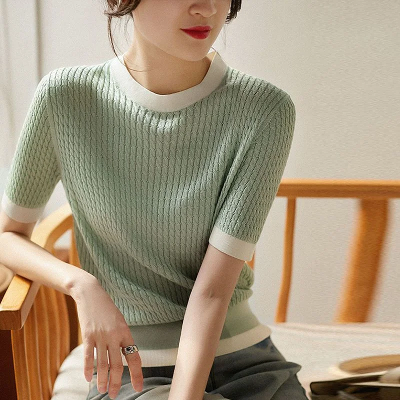 Korean Style Contrast Color And Versatile Retro Loose T-shirt Top — photo 2