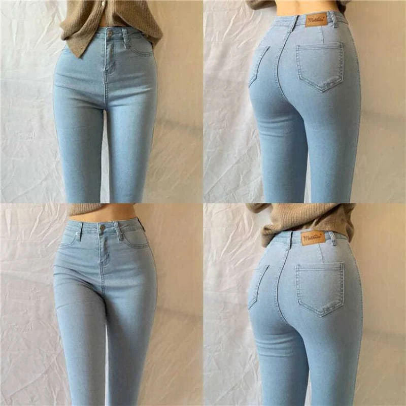 Large Size High Waist Light Blue Denim Trousers with Peach Hip Stretch. Comfortable, stylish jeans for a flattering fit — photo 1