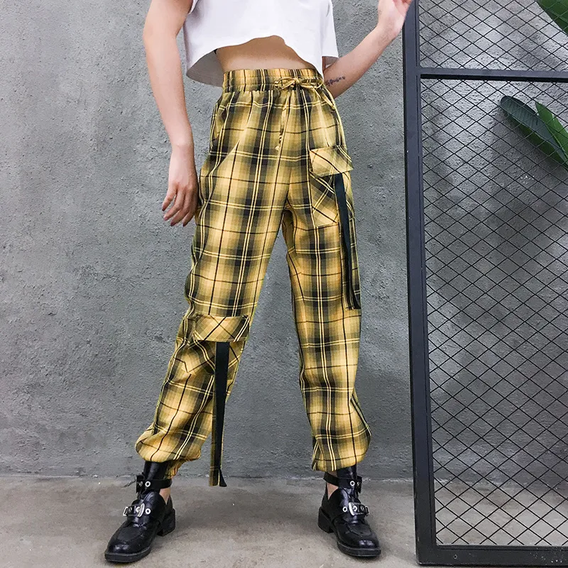 Calças cargo xadrez femininas estilo rua, cintura alta elástica, folgadas, jogger, bolsos, calças hippie, streetwear — foto 1