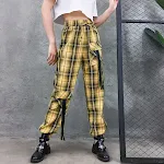 Calças cargo xadrez femininas estilo rua, cintura alta elástica, folgadas, jogger, bolsos, calças hippie, streetwear — foto 1