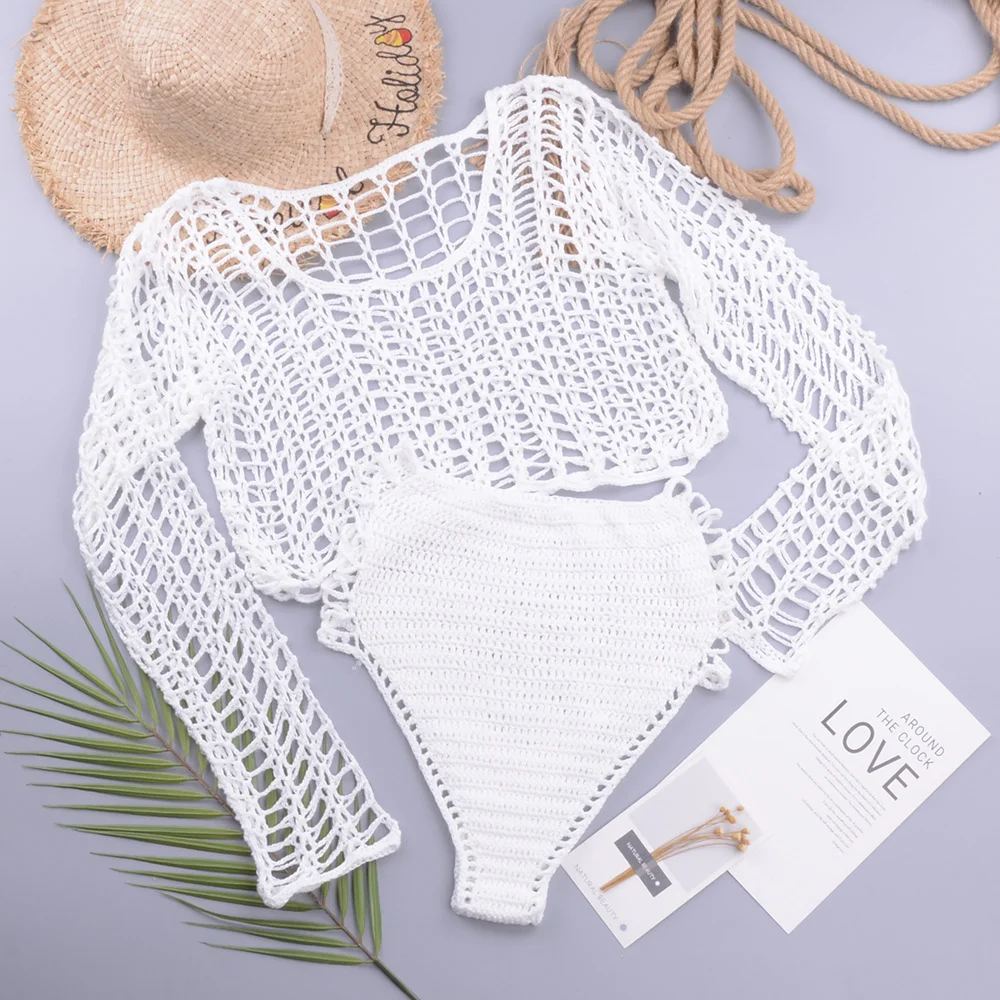 Long Sleeve Hollow Mesh Top, High Waist Pants, Hand Hook Split Swimsuit Set. Stylish and flattering swimwear for a chic — photo 5