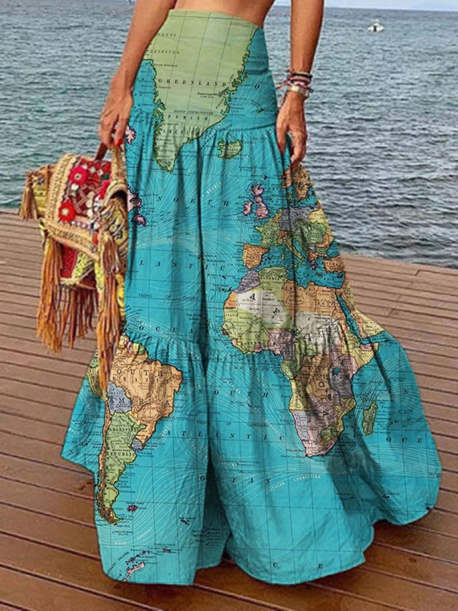 Wereldkaart print high waist jurk. Comfortabel en stijlvol, ideaal voor reizen en dagelijks gebruik. Uniek design dat de figuur flatteert. Perfect voor dames. — foto 3